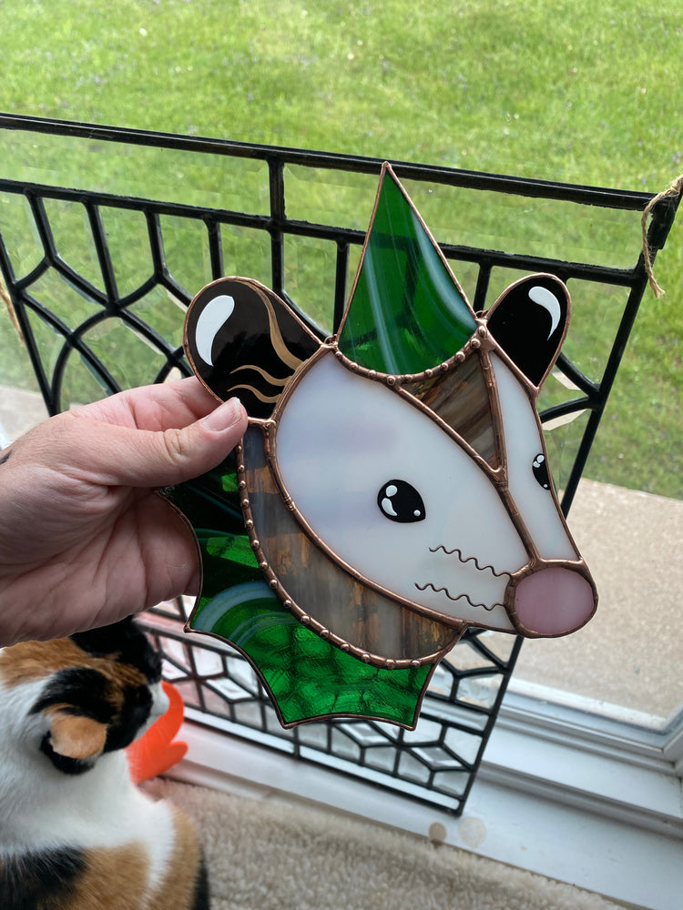 Swirly Green Aventurine Wizard Opossum Stained Glass Suncatcher