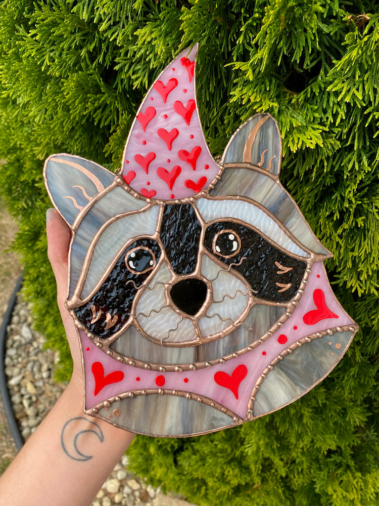 Large Valentine Raccoon Stained Glass Suncatcher