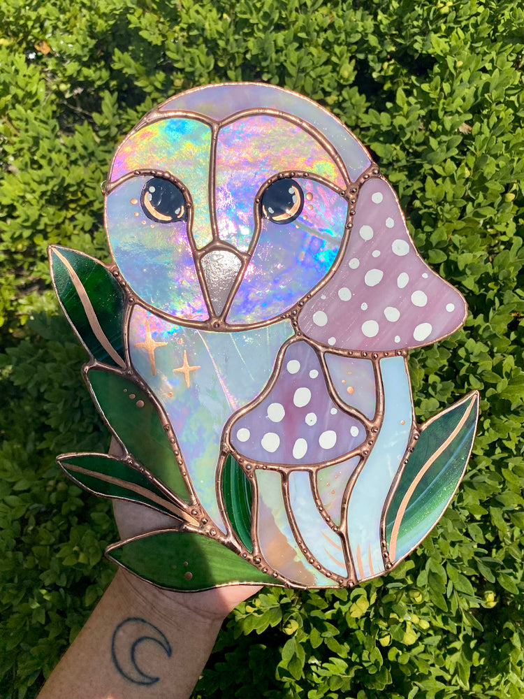 Pink and Purple Iridescent Owl Stained Glass Suncatcher