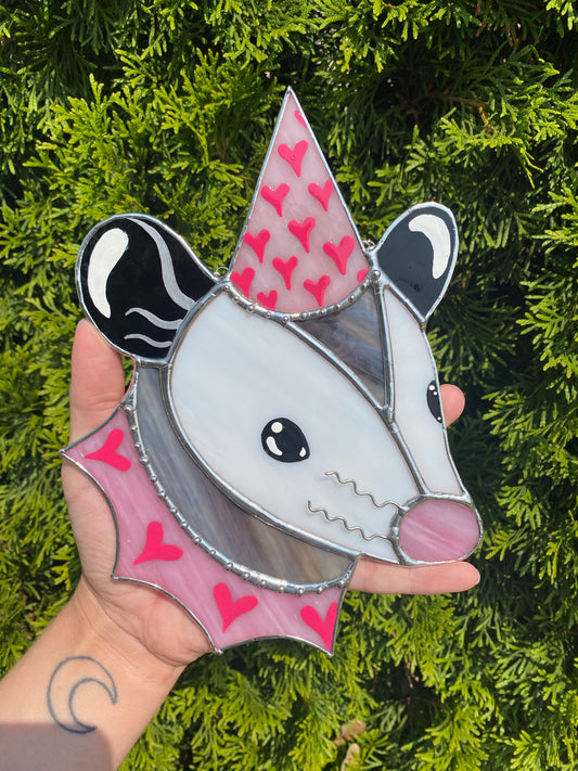 Pink and Silver Heart Opossum Stained Glass Suncatcher