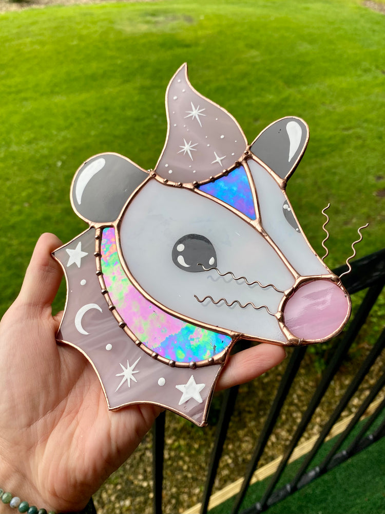 Warm Lavender SparkleWizard Opossum Stained Glass Suncatcher