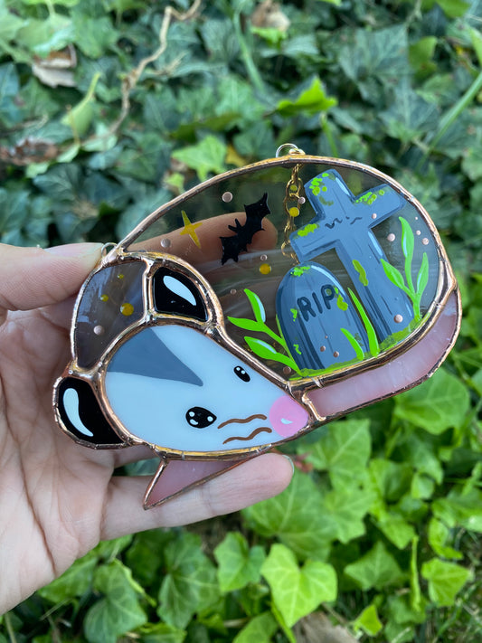 Cemetery Mini Halloween Opossum Stained Glass Suncatcher