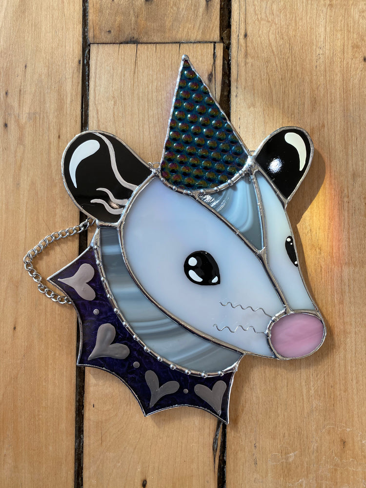 Cosmic Heart Wizard Opossum Stained Glass Suncatcher