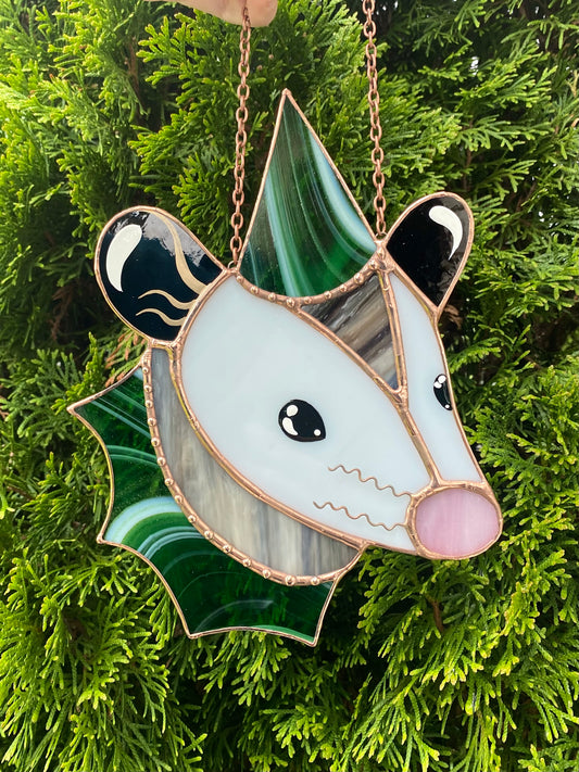 Swirly Green Aventurine Wizard Opossum Stained Glass Suncatcher