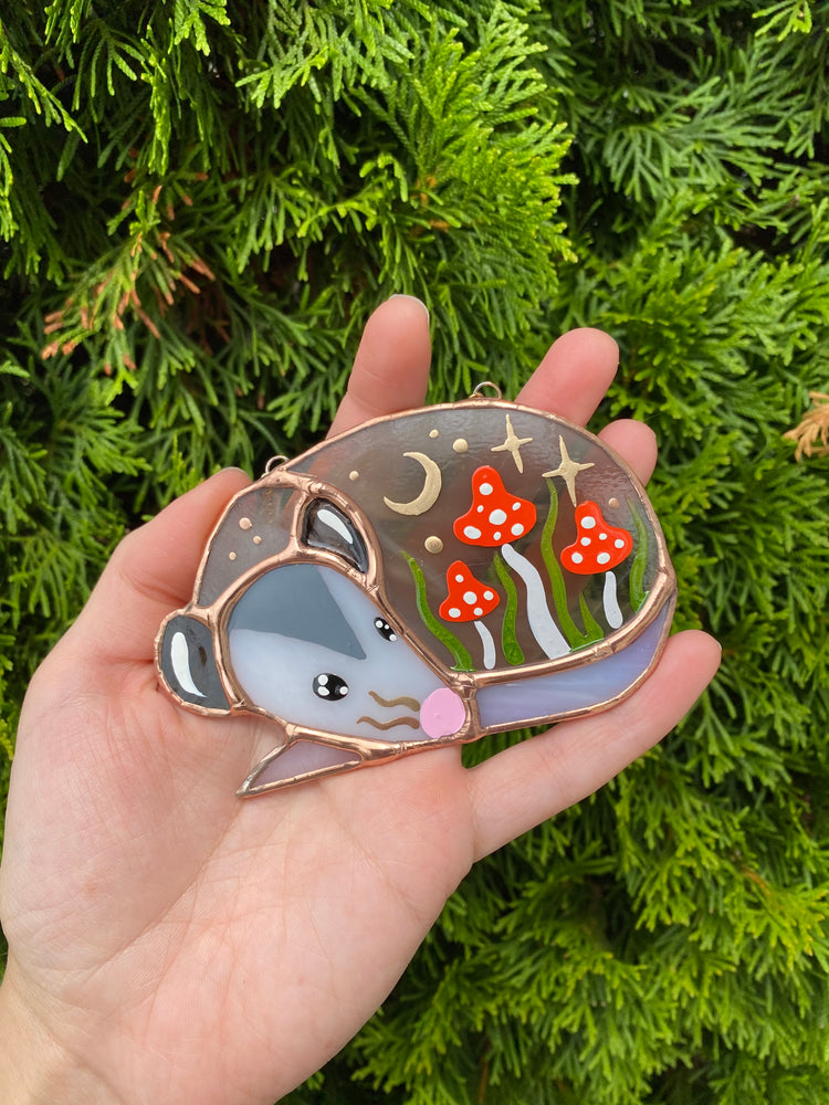 Mini Orange Mushroom Opossum Stained Glass Suncatcher