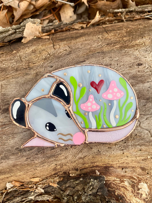 Mini Pink (ver 2) Valentine Sleepy Opossum Stained Glass Suncatcher