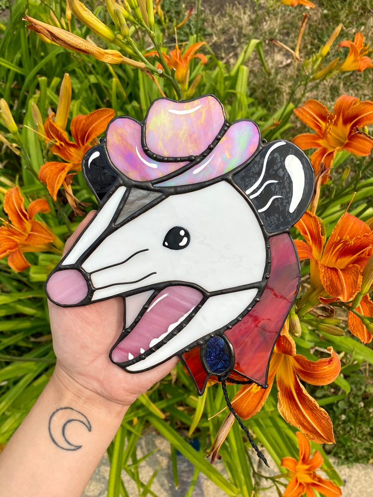 Made to Order: Screaming Cowboy Opossum Stained Glass Suncatcher