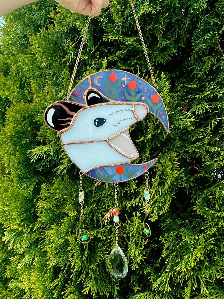 Springtime Screamy Opossum Moon Stained Glass Suncatcher