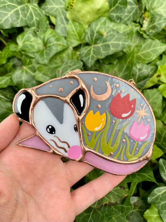 Sleepy Tulip Field Opossum Stained Glass Ornament