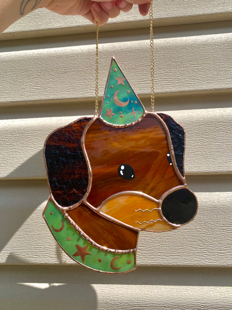 Green Wizard Puppy Stained Glass Suncatcher