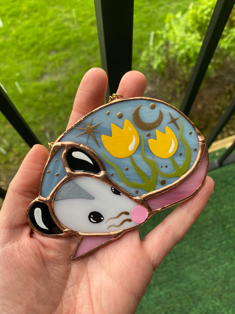 Mini Sleepy Yellow Tulip Opossum Stained Glass Ornament