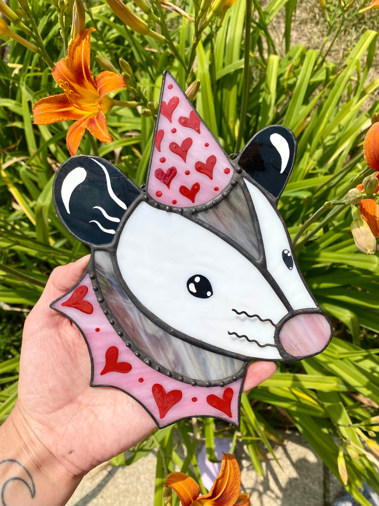 Valentine Opossum Stained Glass Suncatcher