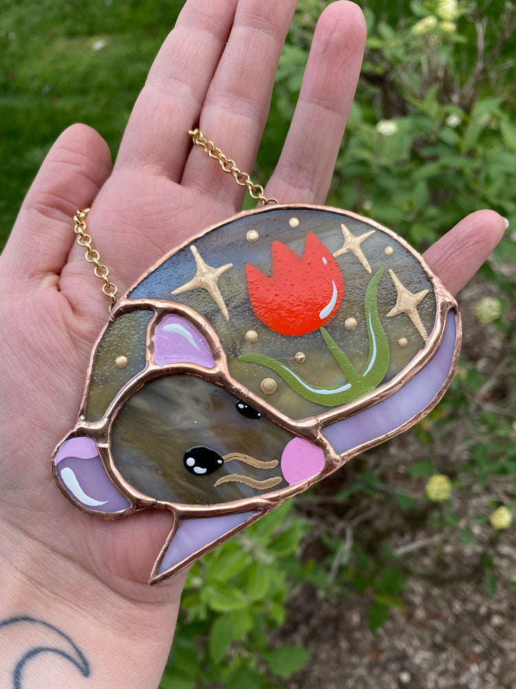 Sleepy Brown Tulip Rat Mini Stained Glass Ornament