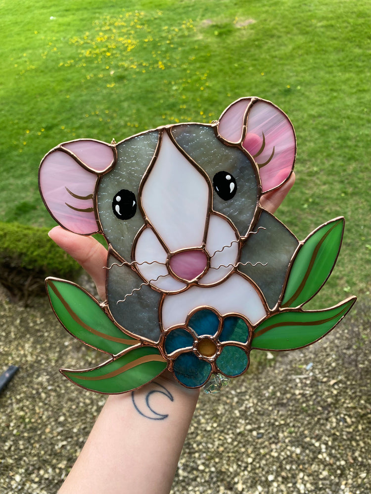 Flower Dumbo Rat Stained Glass Suncatcher