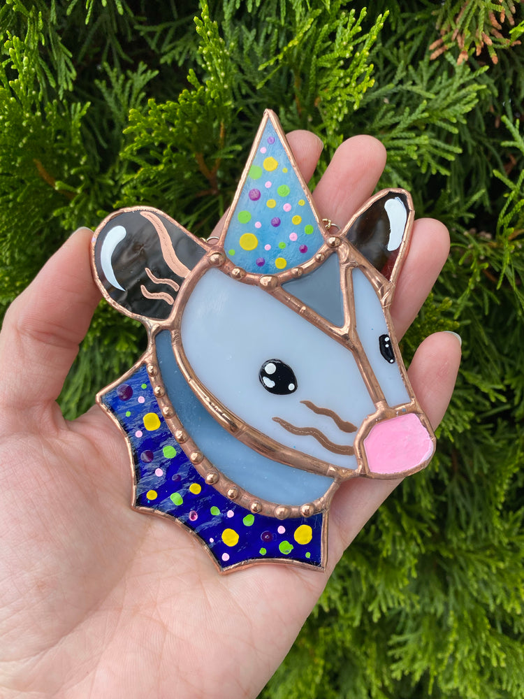 Blue Party Opossum Mini Stained Glass Suncatcher