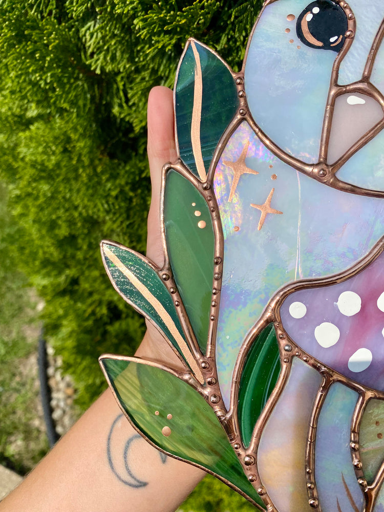 Pink and Purple Iridescent Owl Stained Glass Suncatcher