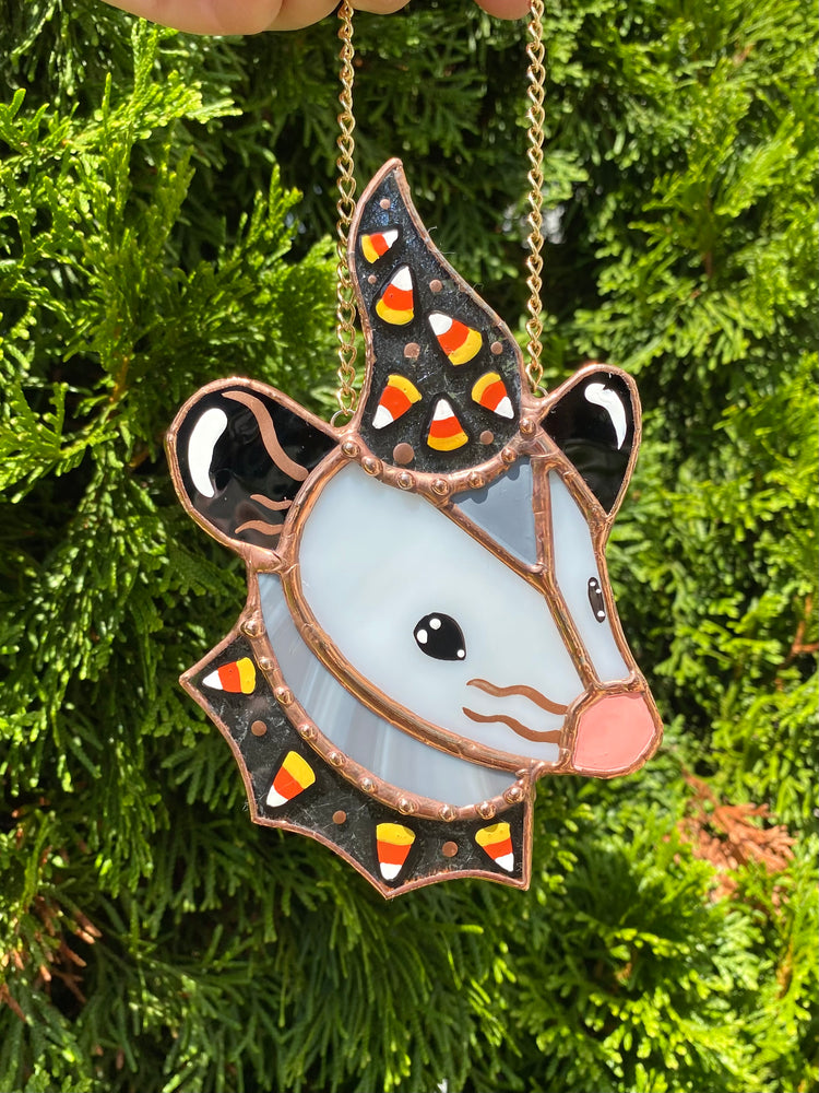 Mini Candycorn Wizard Opossum Stained Glass Suncatcher