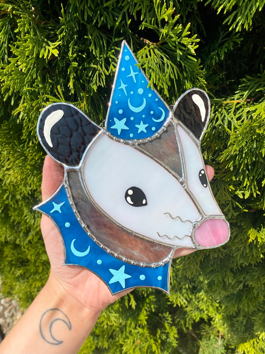 Dreamy Blue Wizard Opossum Stained Glass Suncatcher