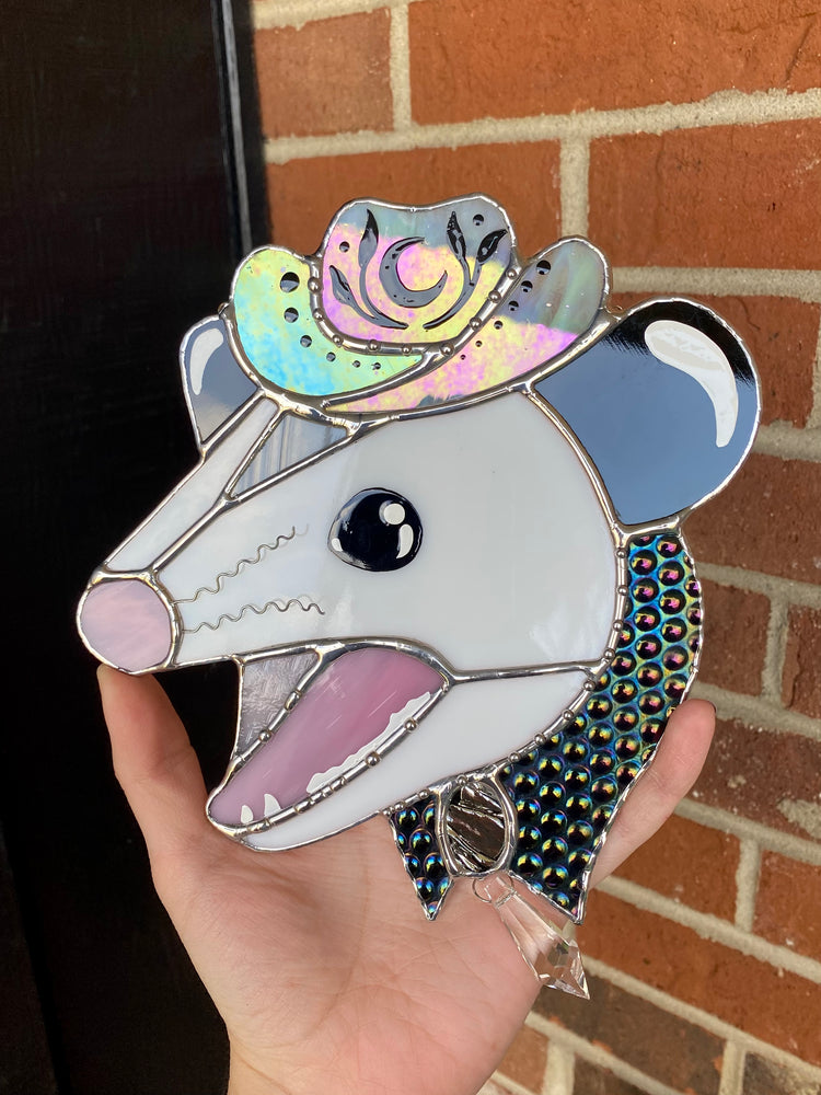 Cosmic Screaming Cowboy Opossum Stained Glass Suncatcher