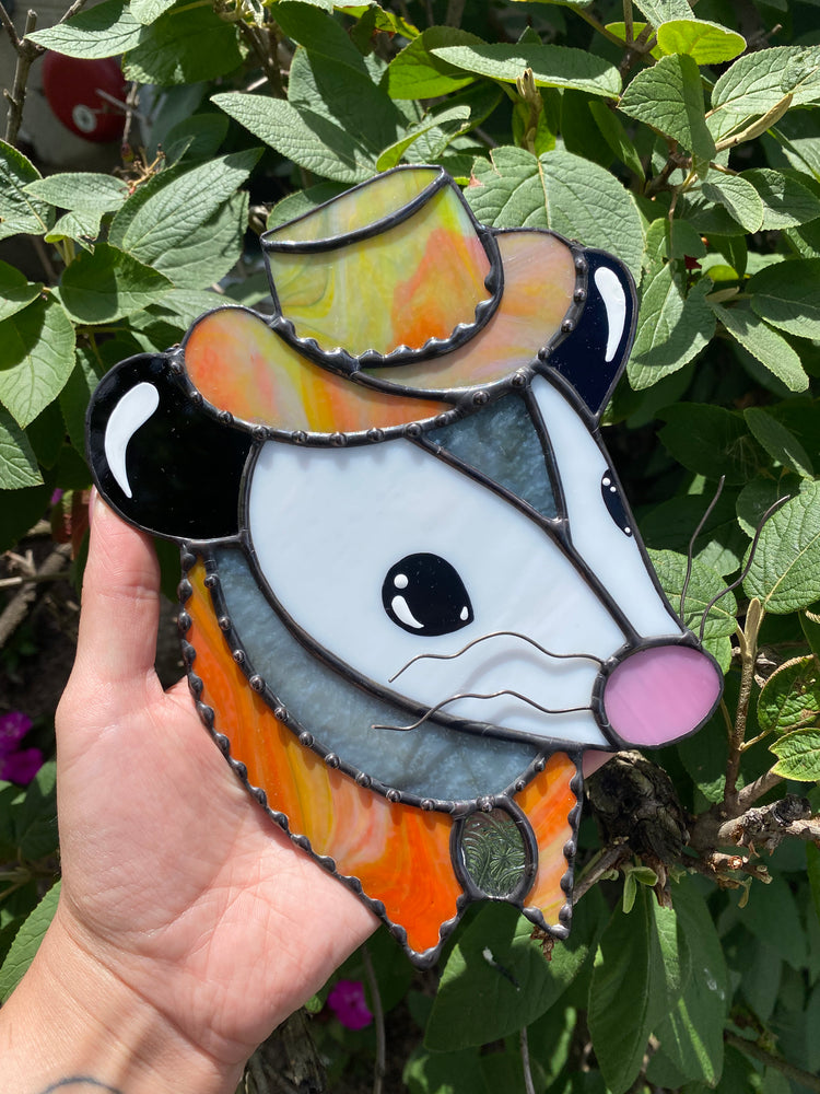 Tie Dye Cowboy Opossum Stained Glass Suncatcher