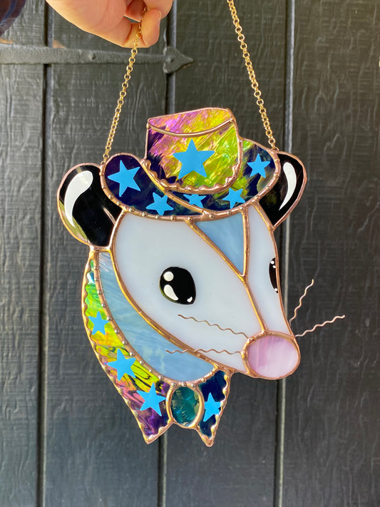 Blue Iridescent Cowboy Opossum Stained Glass Suncatcher