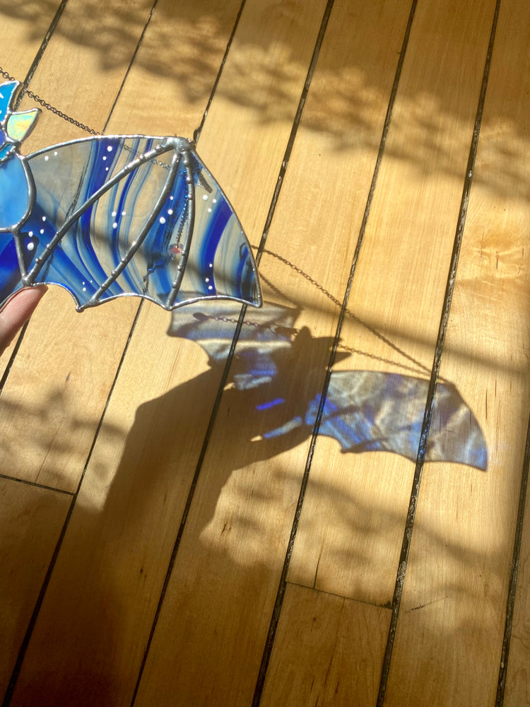 Blue Swirl Wizard Bat Stained Glass Suncatcher