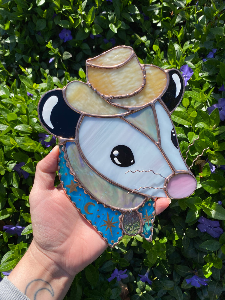 Blue and Gold Cowboy Opossum Stained Glass Suncatcher