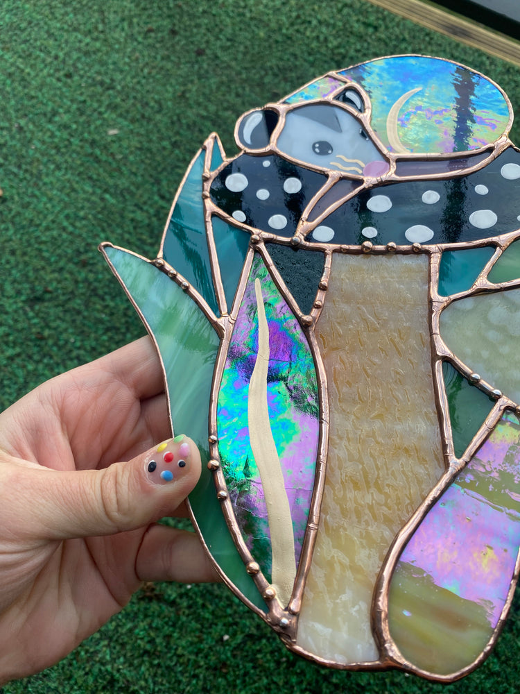 Sleepy Opossum Mushroom Stained Glass Suncatcher