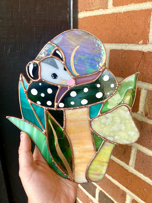 Sleepy Opossum Mushroom Stained Glass Suncatcher