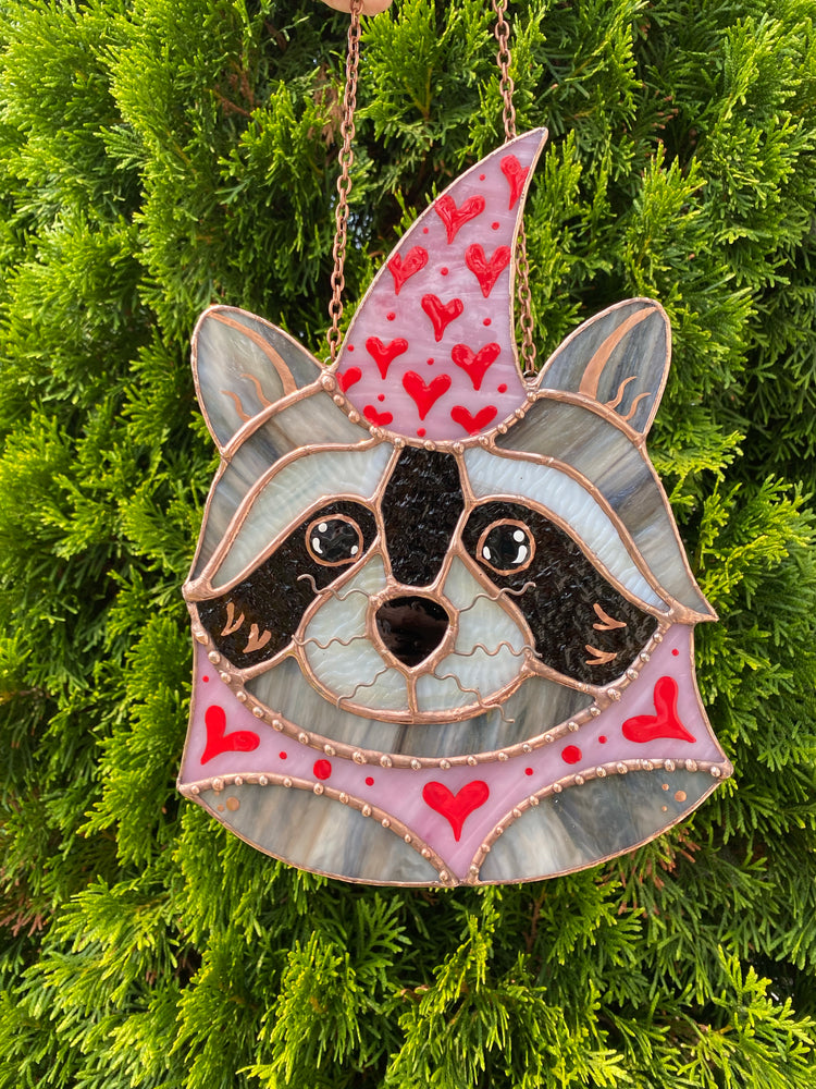 Large Valentine Raccoon Stained Glass Suncatcher