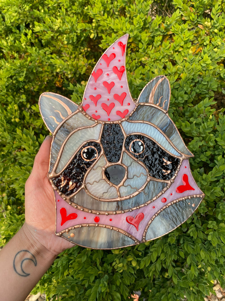 Large Valentine Raccoon Stained Glass Suncatcher