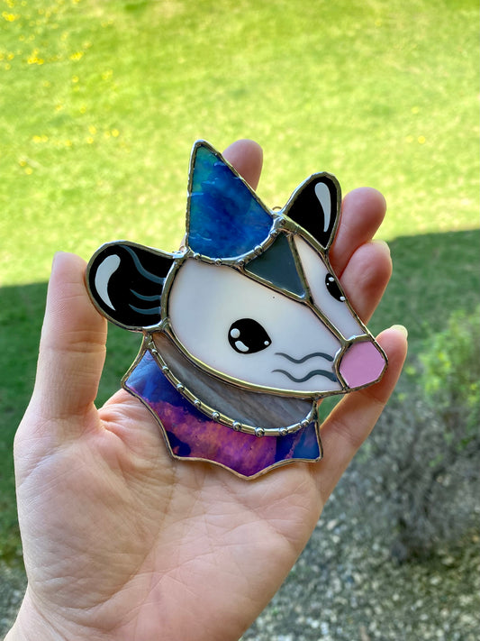 Blue Wizard Mini Opossum Stained Glass Ornament