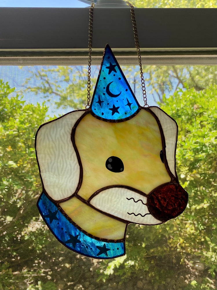 Blue Wizard Puppy Stained Glass Suncatcher