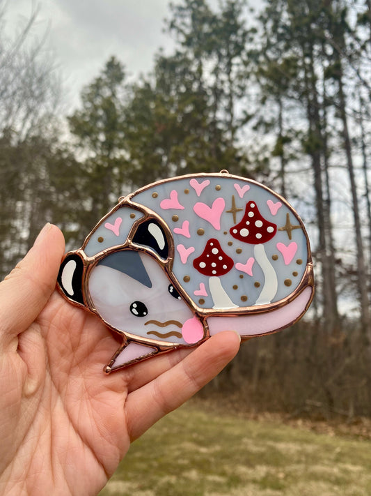 Mini Red (ver 2) Valentine Sleepy Opossum Stained Glass Suncatcher