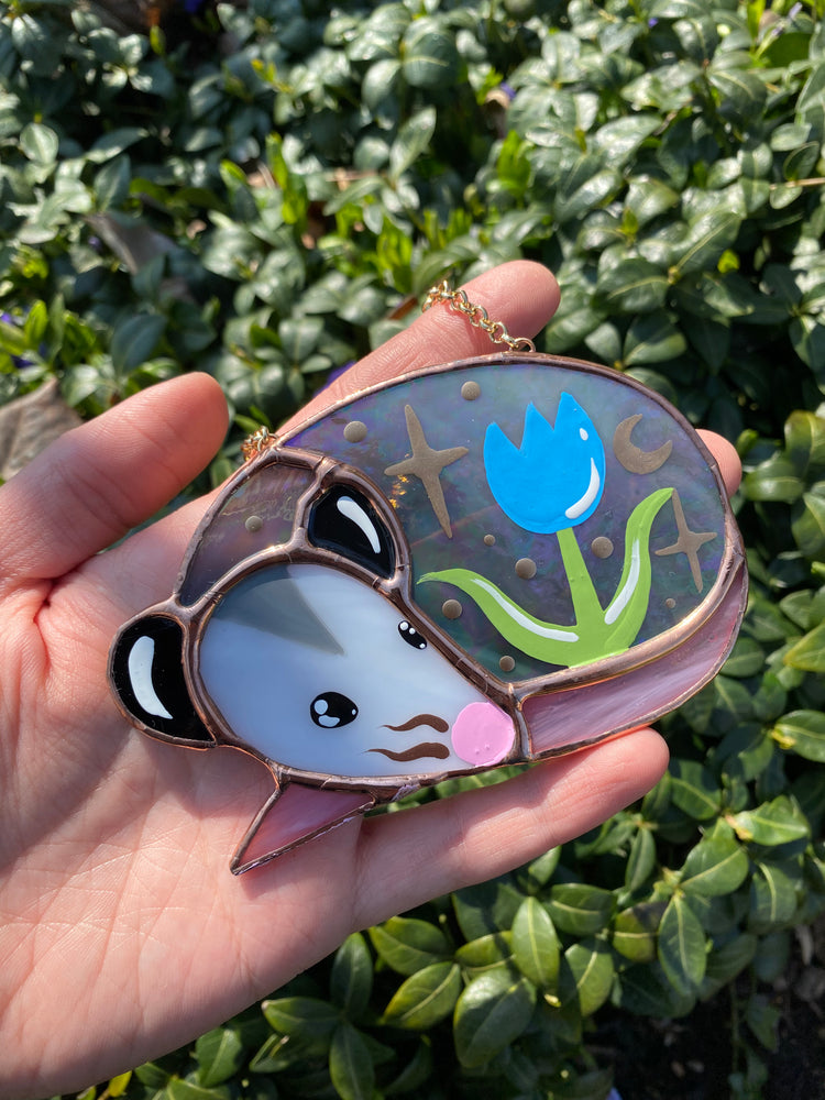 Sleepy Blue Iridescent Tulip Opossum Stained Glass Ornament