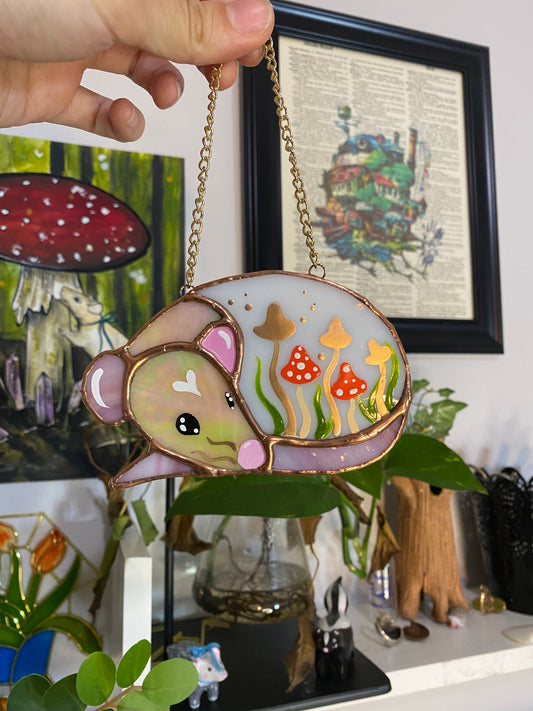 Mini Tan Hooded Rat and Orange Mushroom Stained Glass Suncatcher