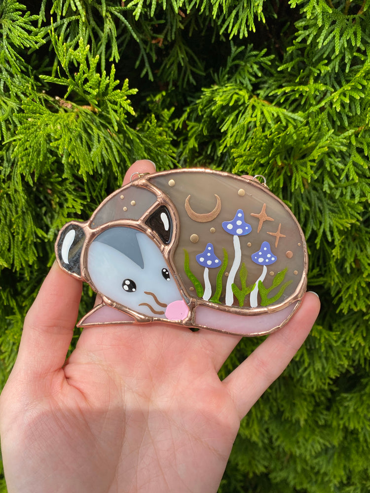 Mini Purple Mushroom Opossum Stained Glass Suncatcher