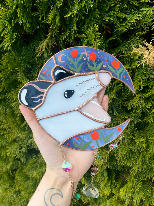 Springtime Screamy Opossum Moon Stained Glass Suncatcher