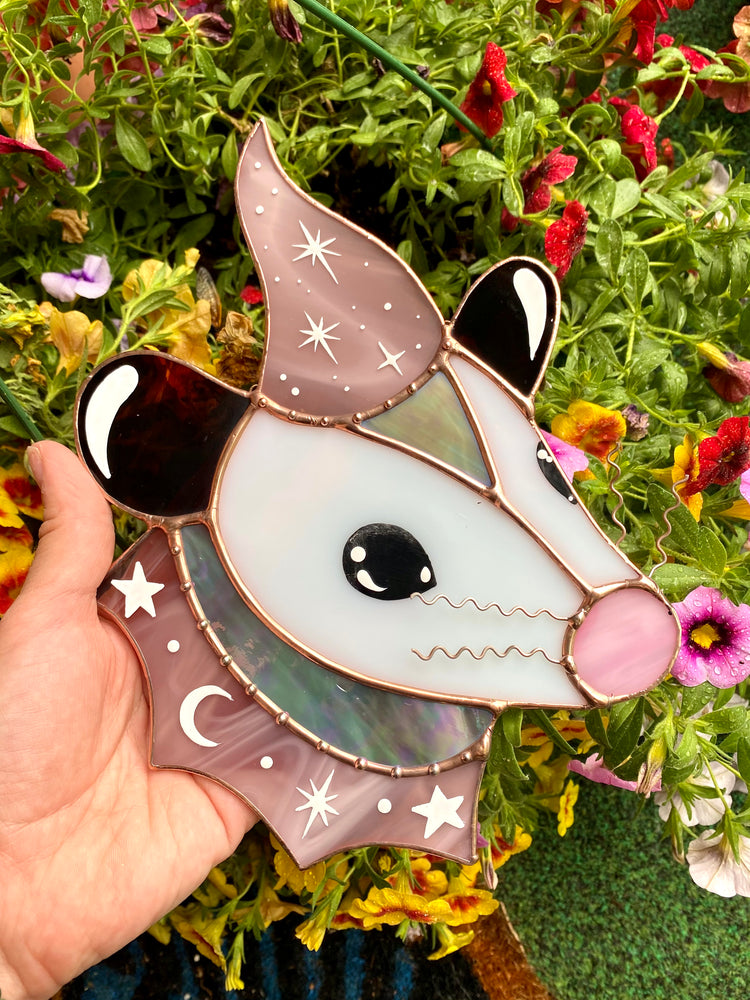 Warm Lavender SparkleWizard Opossum Stained Glass Suncatcher