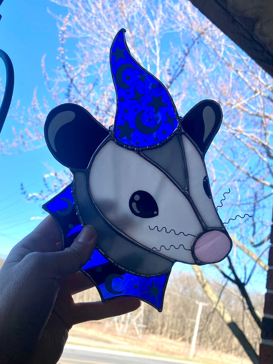 Blue Wizard Opossum Stained Glass Suncatcher