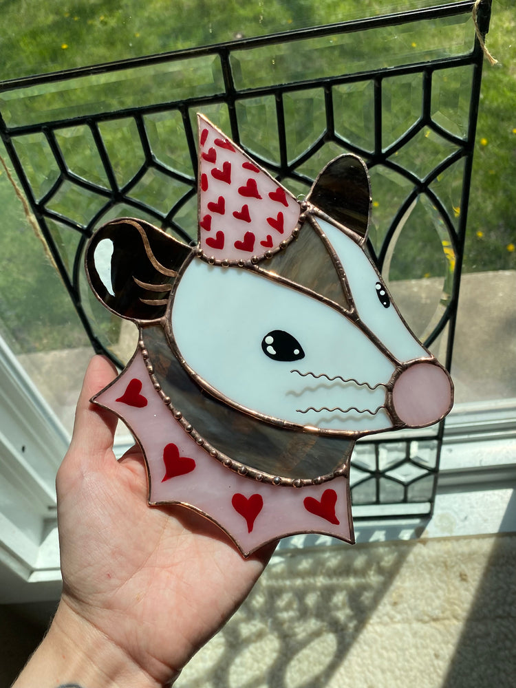 Valentine Opossum Stained Glass Suncatcher