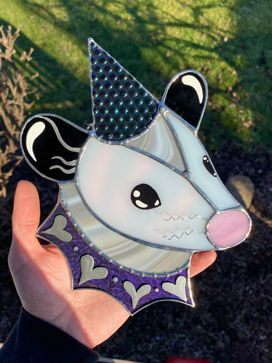 Cosmic Heart Wizard Opossum Stained Glass Suncatcher