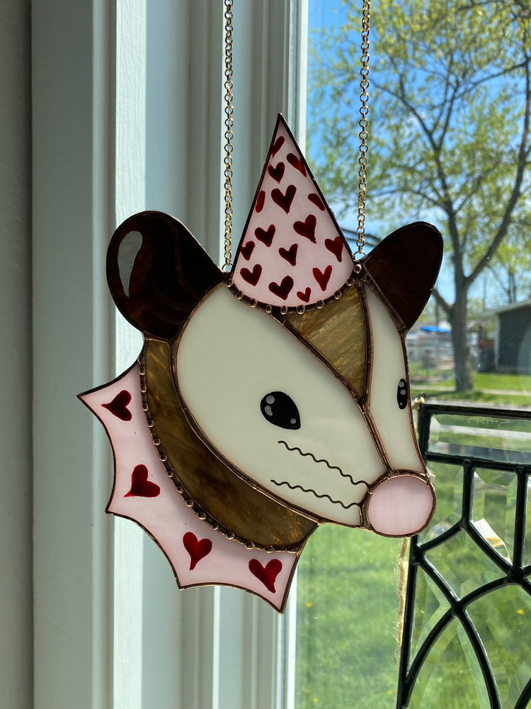 Valentine Opossum Stained Glass Suncatcher