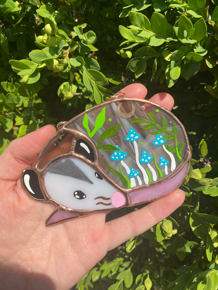 Blue Mushroom Forest Opossum Mini Stained Glass Suncatcher