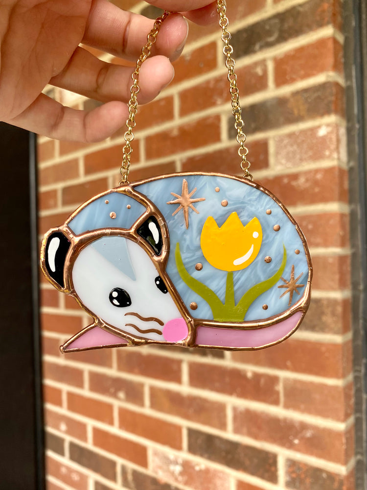 Sleepy Yellow Tulip Opossum Stained Glass Ornament