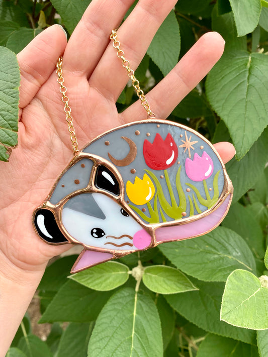 Sleepy Tulip Field Opossum Stained Glass Ornament