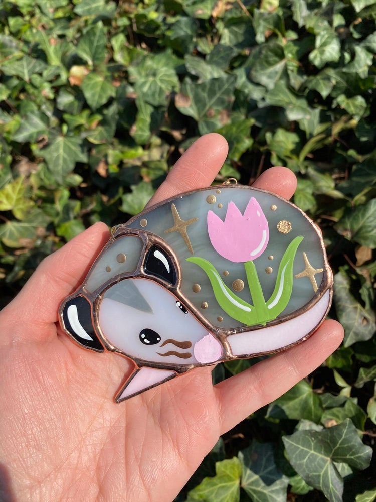 Sleepy Pink Iridescent Tulip Opossum Stained Glass Ornament