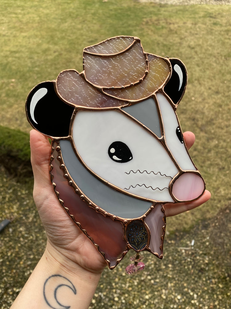 Lavender Cowboy Opossum Stained Glass Suncatcher