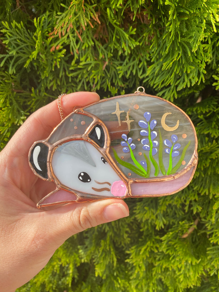 Lavender Sleepy Opossum Mini Stained Glass Suncatcher