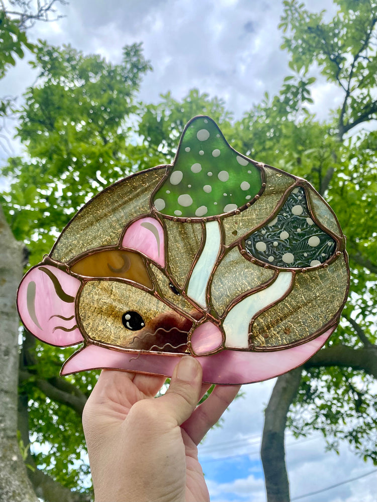 Green Forest Mushroom Rat Stained Glass Suncatcher